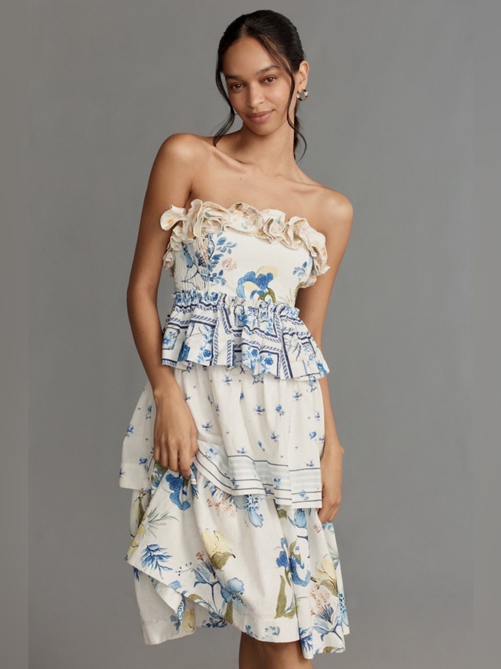 Maeve Anthropologie Linen Blend Strapless Ruffle Tiered Knee-Length Dress